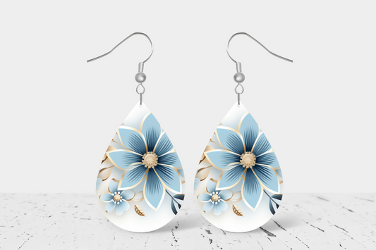 Blue & White Daisy Teardrop Earrings