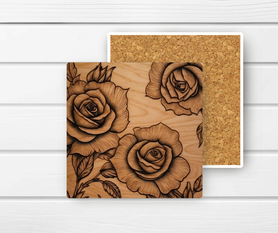 4x4 Ceramic Coaster (E46H) - Roses Faux Wood
