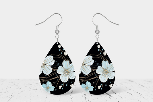 Blue & Black Floral Teardrop Earrings