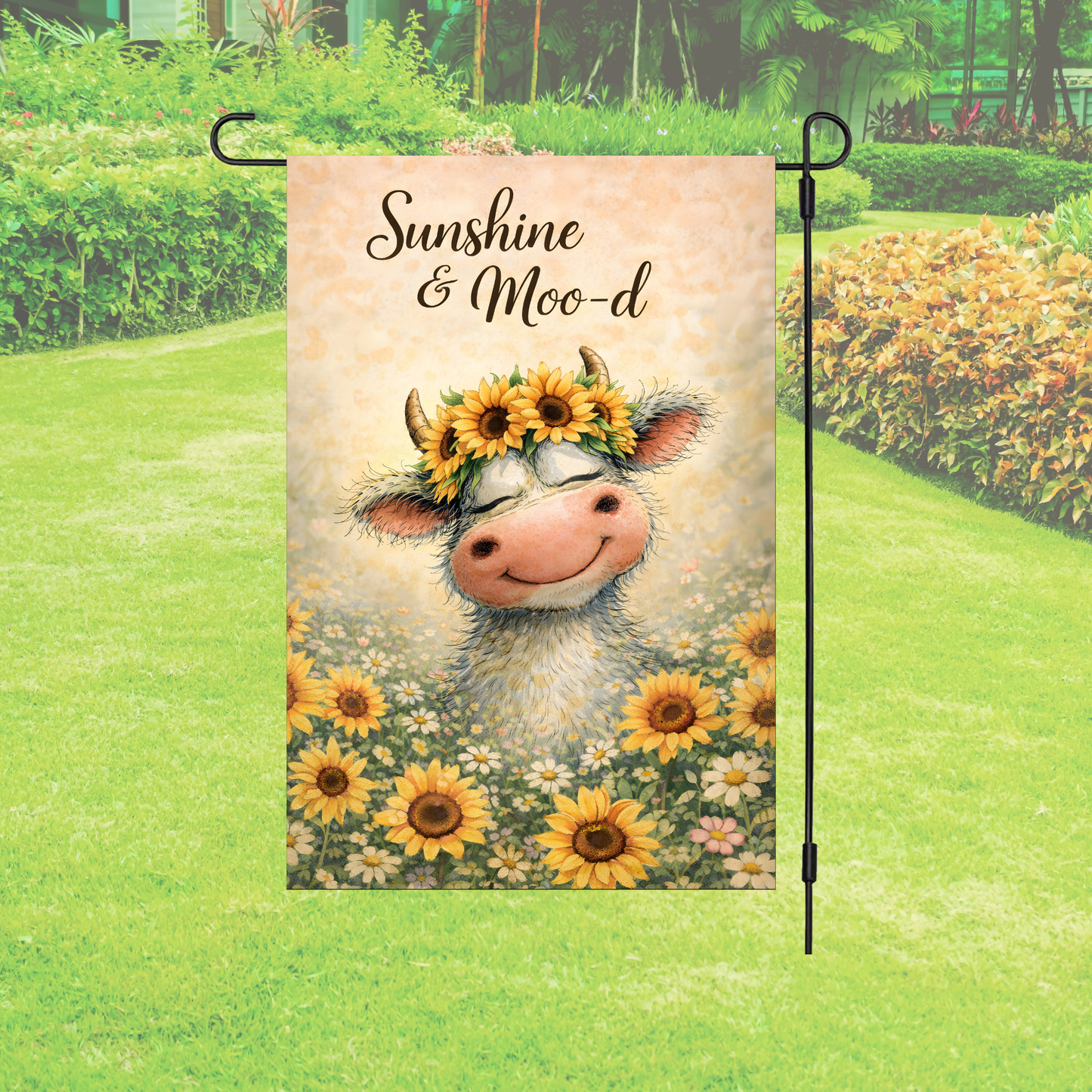 Garden Flag – Sunshine & Moo-d Cow Sunflower Garden