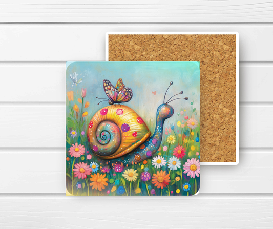 4x4 Ceramic Coaster (E54H) - Snail & Butterfly