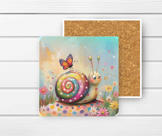 4x4 Ceramic Coaster (E55H) - Snail & Butterfly