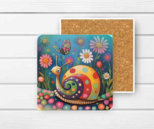 4x4 Ceramic Coaster (E56H) - Snail & Butterfly
