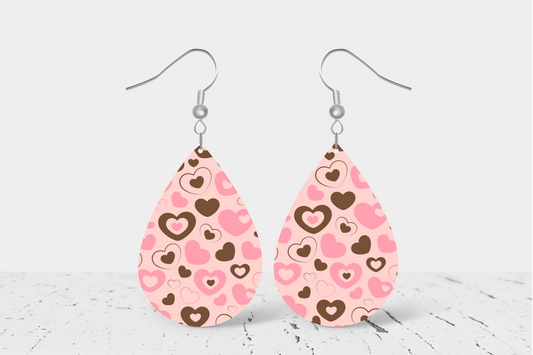 Pink & Brown Hearts Teardrop Earrings