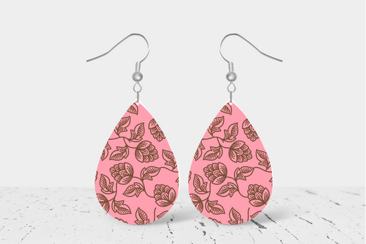 Pink with Brown Flowers Teardrop Earrings