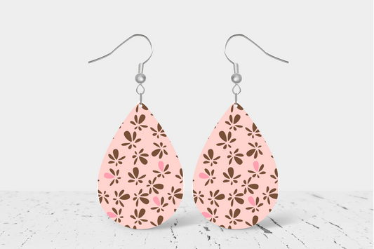 Pink with Brown Flowers (1) Teardrop Earrings