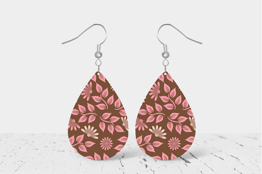 Brown with Pink Floral Teardrop Earrings