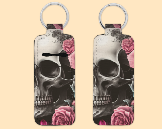 Chapstick / Lip Balm Keychain - (E72C) Pink Roses & a Skull