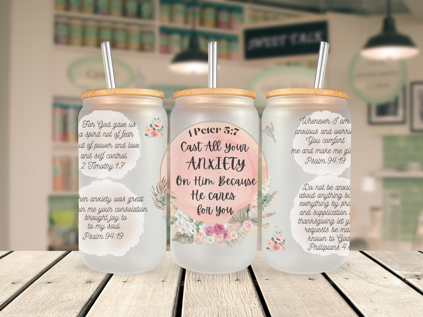 16 oz Glass Cup - 1 Peter 5:7 - Anxiety