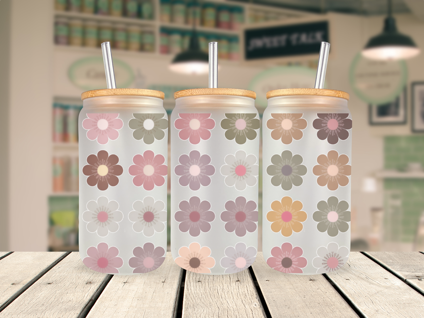 16 oz Glass Cup - Daisy Floral