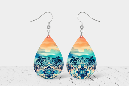 Teardrop Earrings (E86E) - Sky & Floral