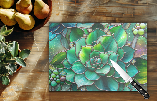 11" x 8" Tempered Glass Cutting Board - Succulent