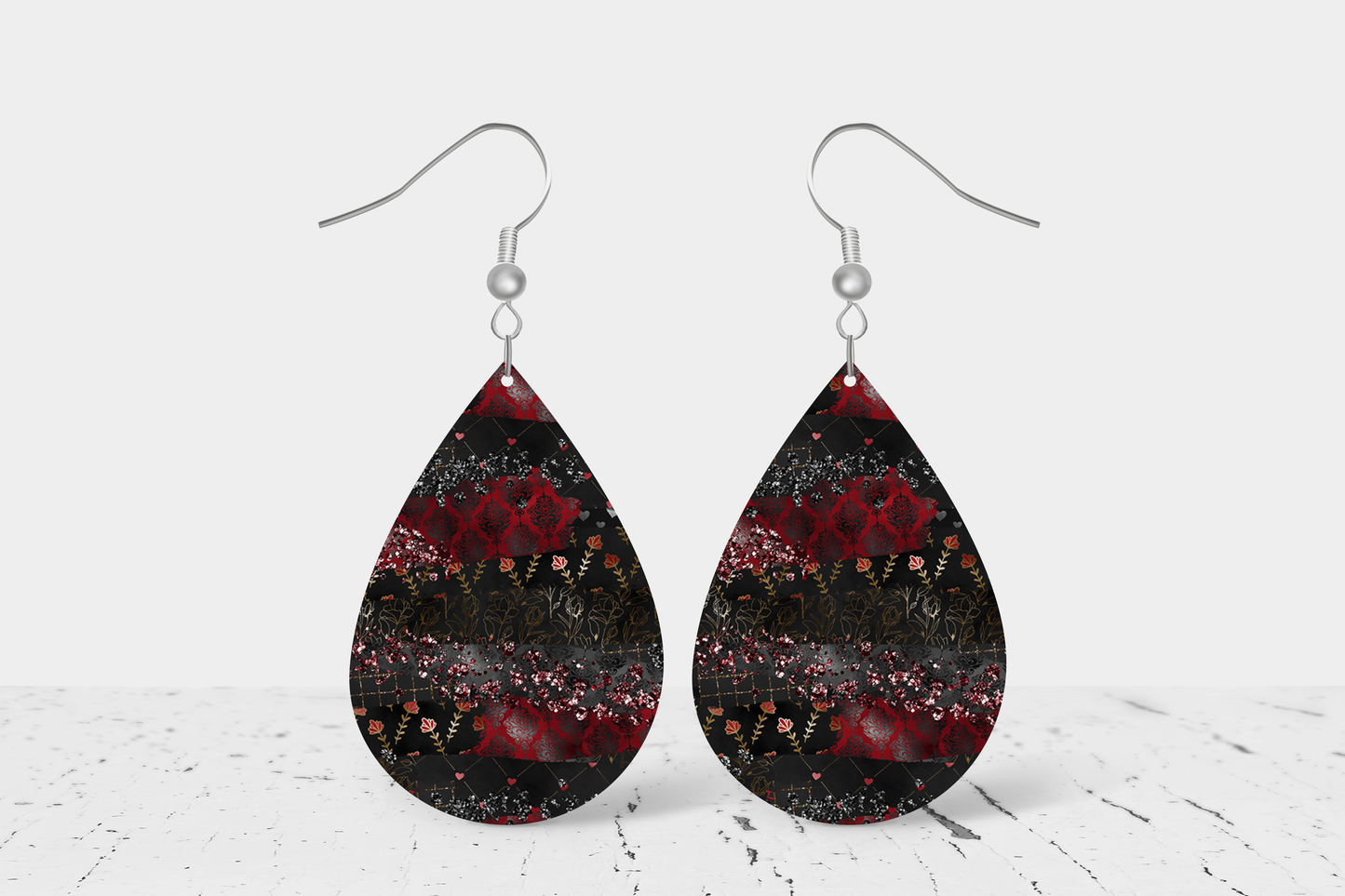 Teardrop Earrings (E91E) - Black & Red