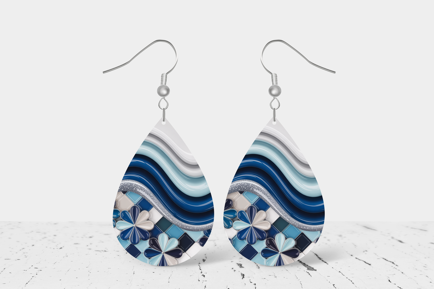 Teardrop Earrings (E92E) - Blue Wavey
