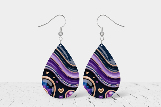 Teardrop Earrings (E93E) - Purple, Black & Gold Hearts