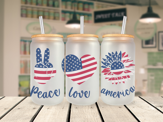 16 oz Glass Cup - Peace Love America