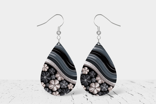 Teardrop Earrings (E95E) - Black Floral