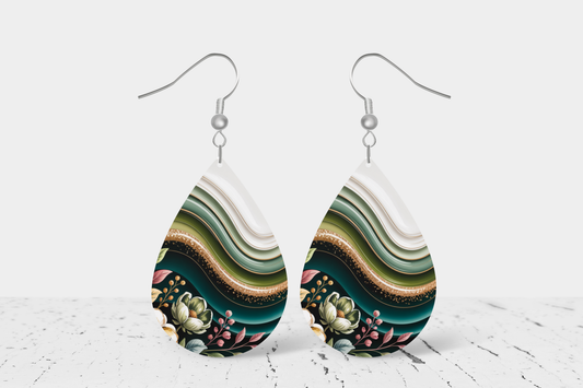Teardrop Earrings (E99E) - Greenish Wavey Floral