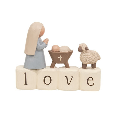 "Love" Mary, Baby Jesus, and Lamb Resin Block