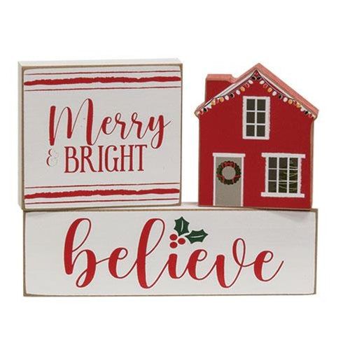 3/Set, Merry & Bright, Believe, House Wooden Blocks