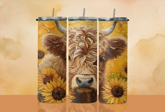 Painted Baby Highland Cow & Sunflowers - 20 oz Skinny Tumbler