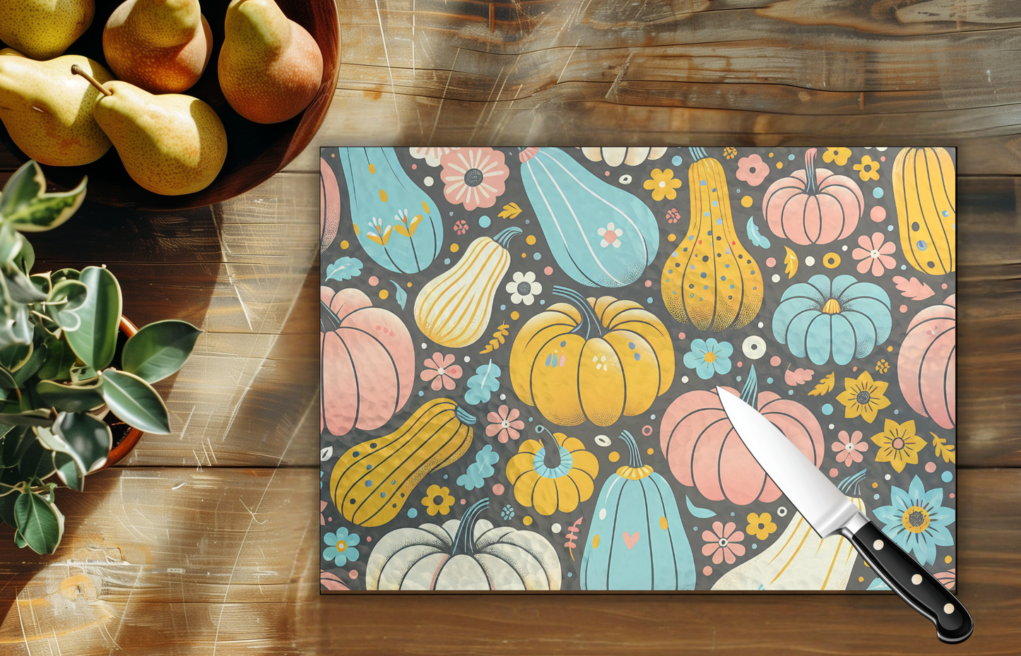 11" x 8" Tempered Glass Cutting Board - FALL Pumpkin