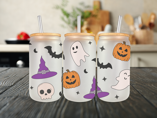 Ghosts, Pumpkin, Bats, Hats & Skulls 20 oz Glass Cup