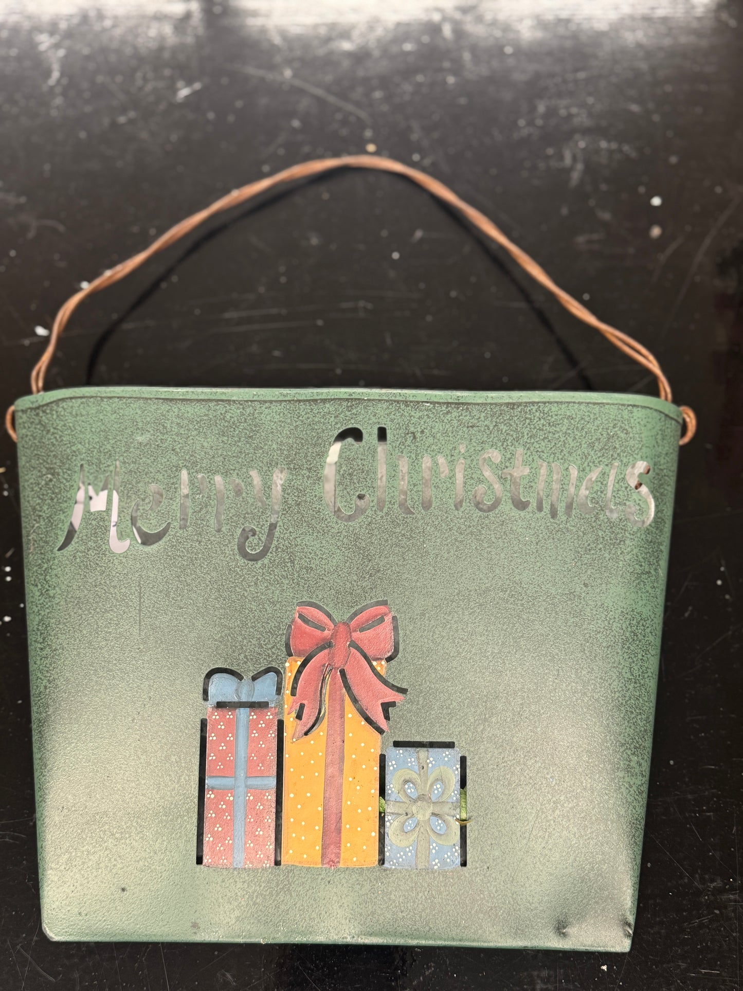 Merry Christmas Metal Bucket Decoration – Green Holiday Gift Basket