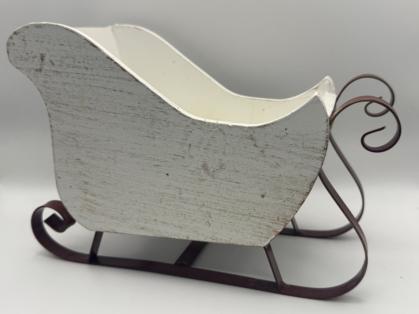 Distressed White Wooden Christmas Sleigh – Rustic Holiday Decor 9"