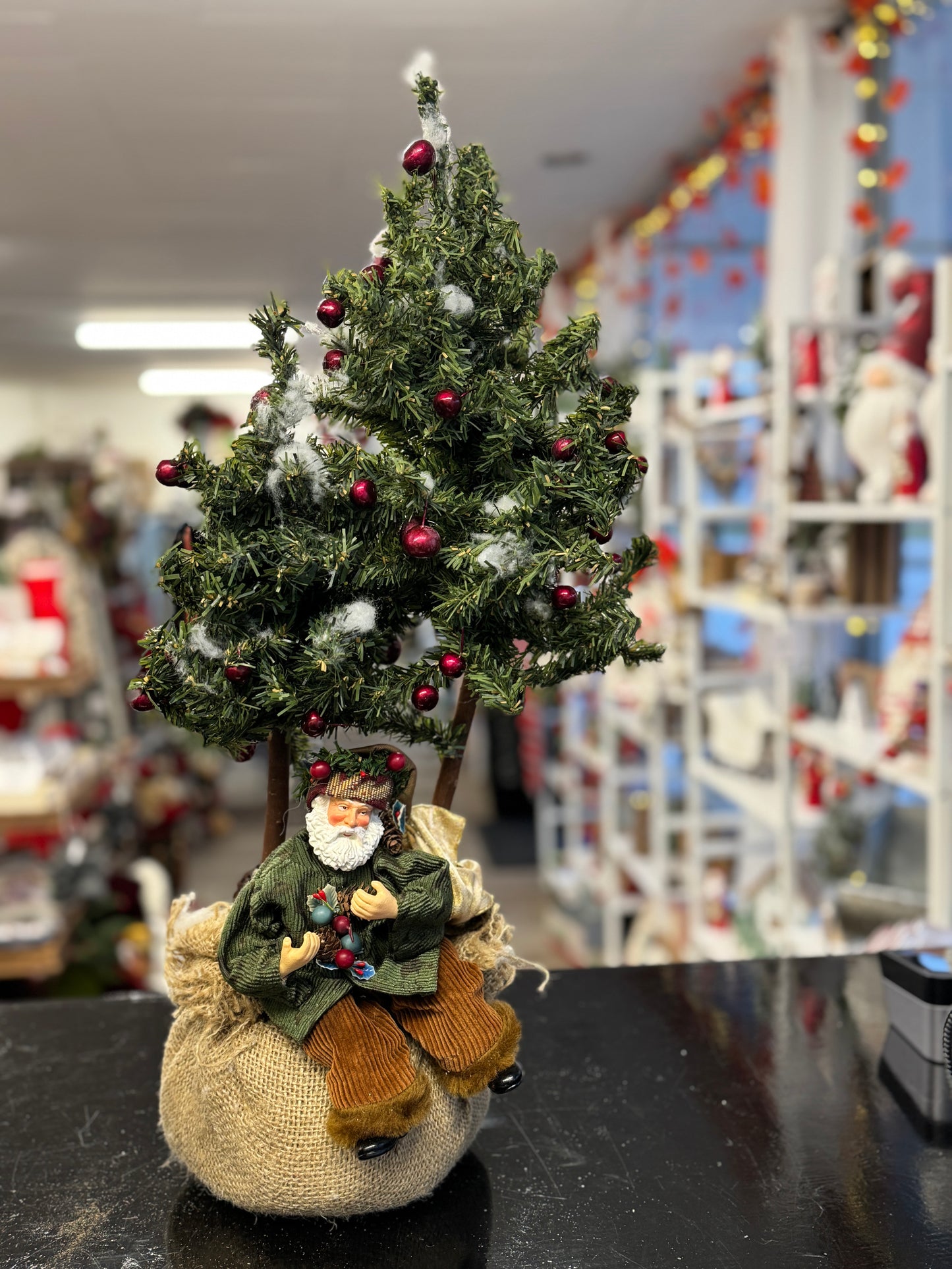 Homespun Santa in Burlap Sack with Flocked Christmas Tree – Vintage Home Interiors 23"