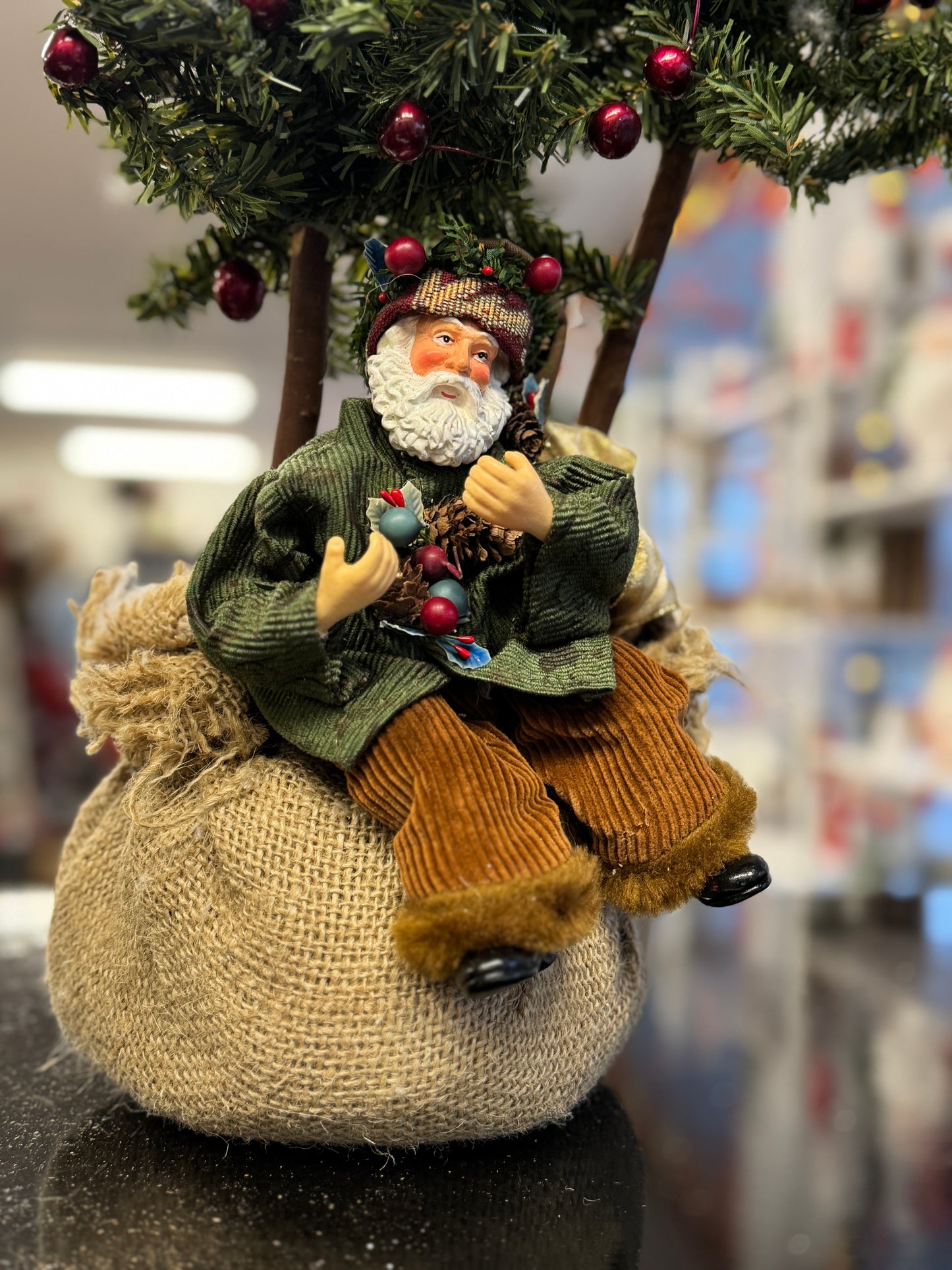 Homespun Santa in Burlap Sack with Flocked Christmas Tree – Vintage Home Interiors 23"
