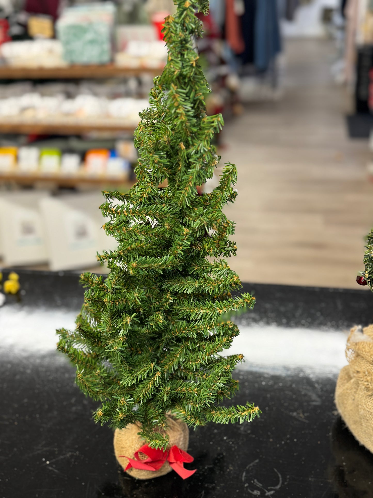 Tabletop Christmas Tree with Burlap Base & Red Ribbon – 22" Unlit
