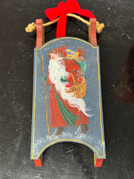Hand-Painted Wooden Santa Sleigh Ornament – Rustic Old World Christmas Decor 19"