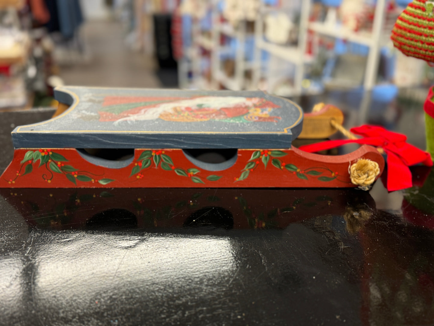 Hand-Painted Wooden Santa Sleigh Ornament – Rustic Old World Christmas Decor 19"