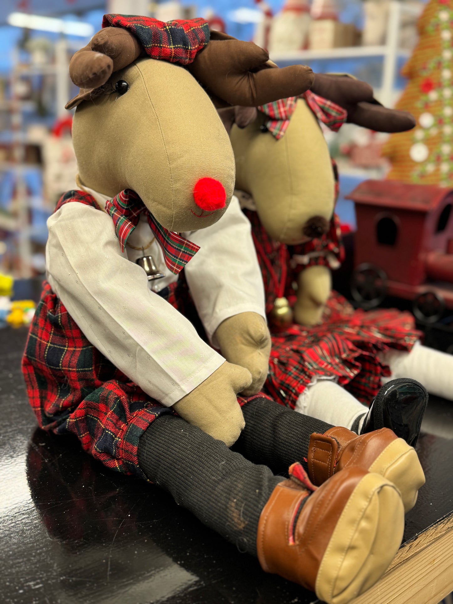 Plaid Moose/Reindeer Plush Christmas Decoration – 10" Holiday Shelf Sitter