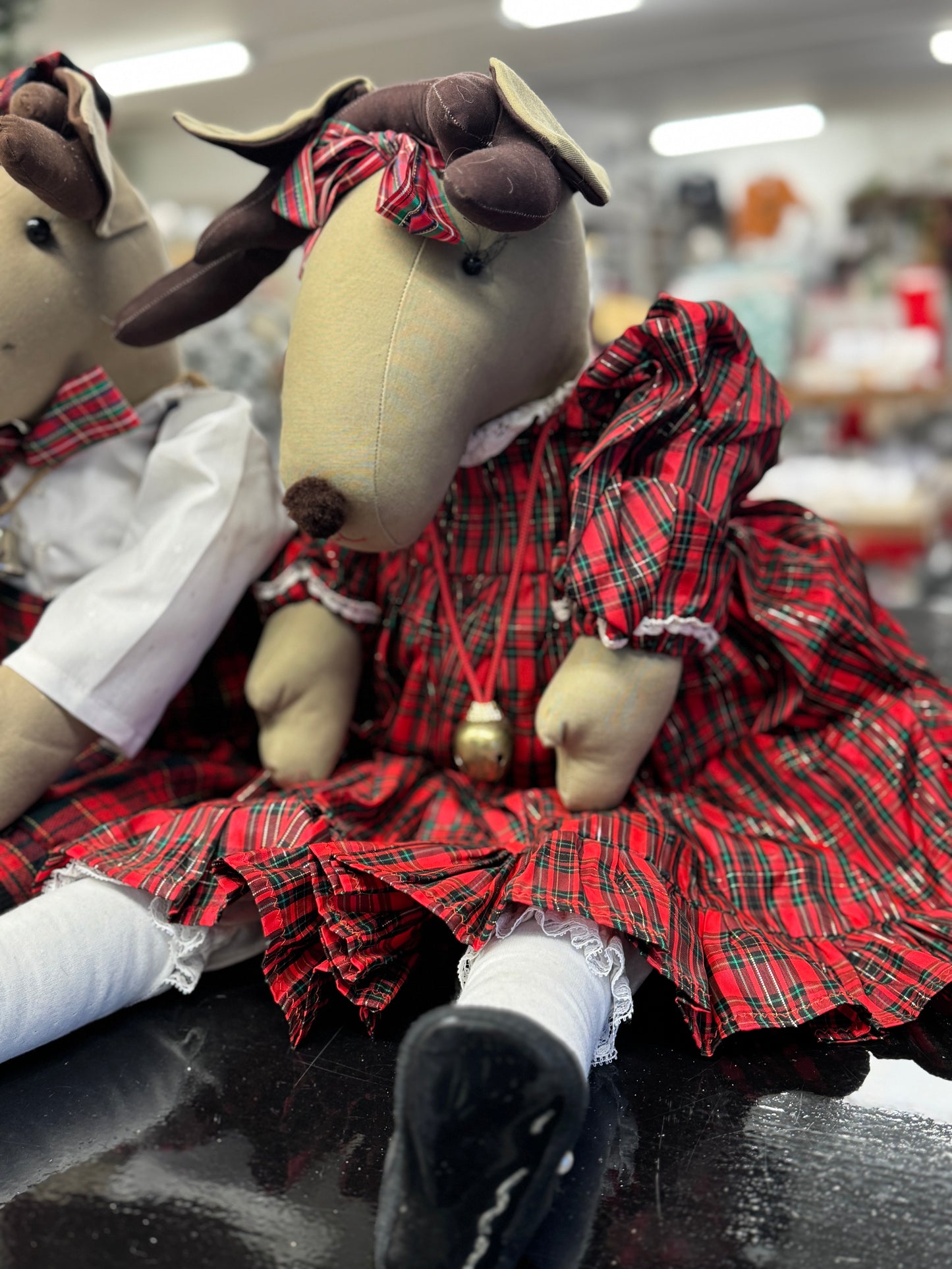 Plaid Moose/Reindeer Plush Christmas Decoration – 10" Holiday Shelf Sitter