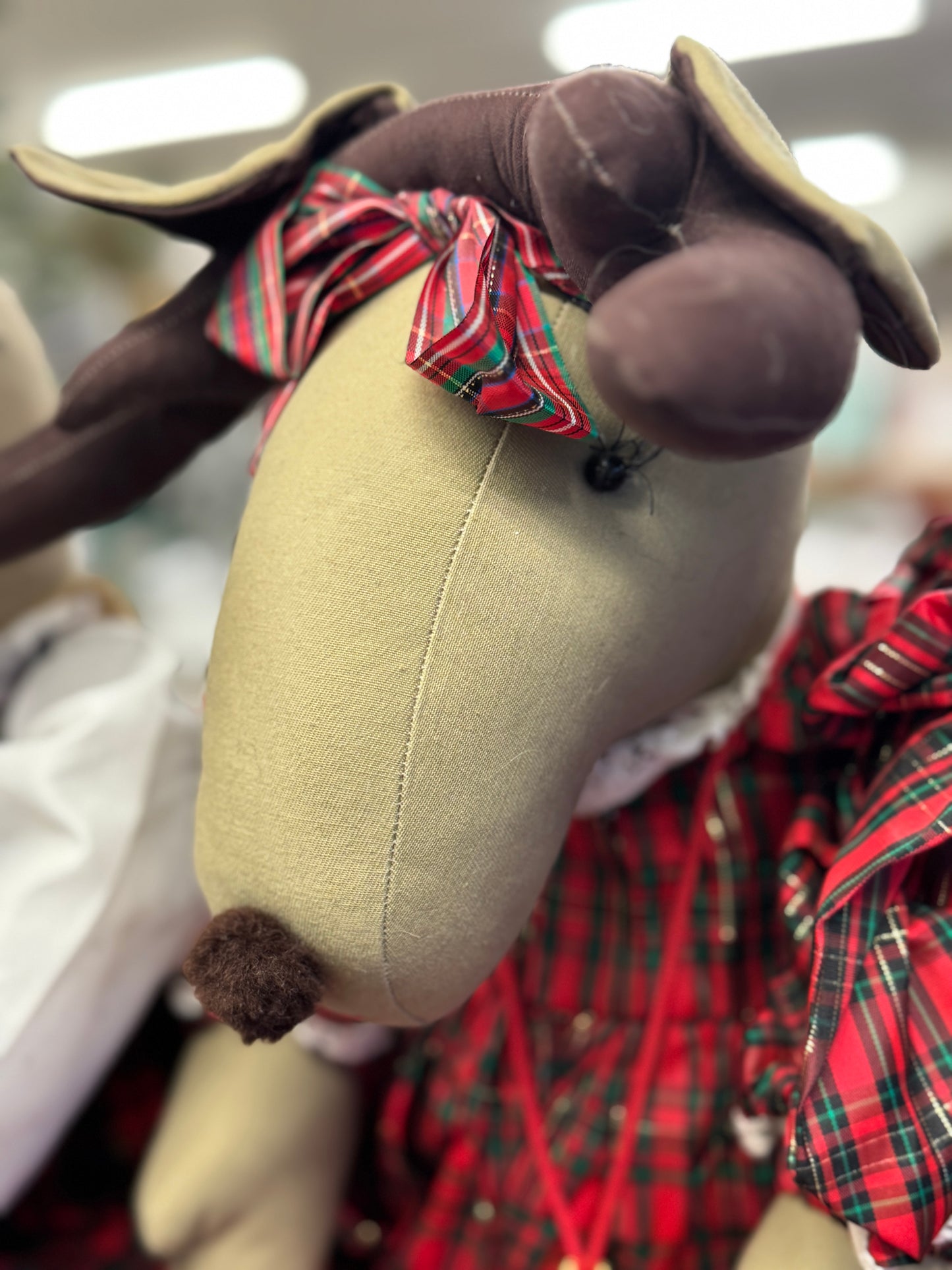 Plaid Moose/Reindeer Plush Christmas Decoration – 10" Holiday Shelf Sitter