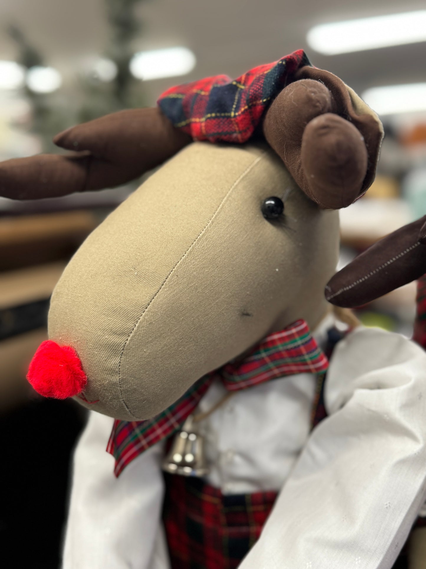 Plaid Moose/Reindeer Plush Christmas Decoration – 10" Holiday Shelf Sitter