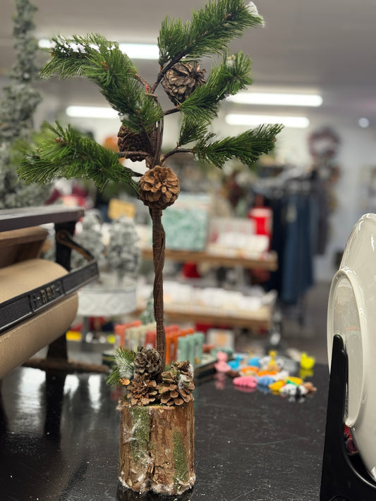 Tabletop Pinecone Christmas Tree with Natural Log Base – 24" Holiday Decor