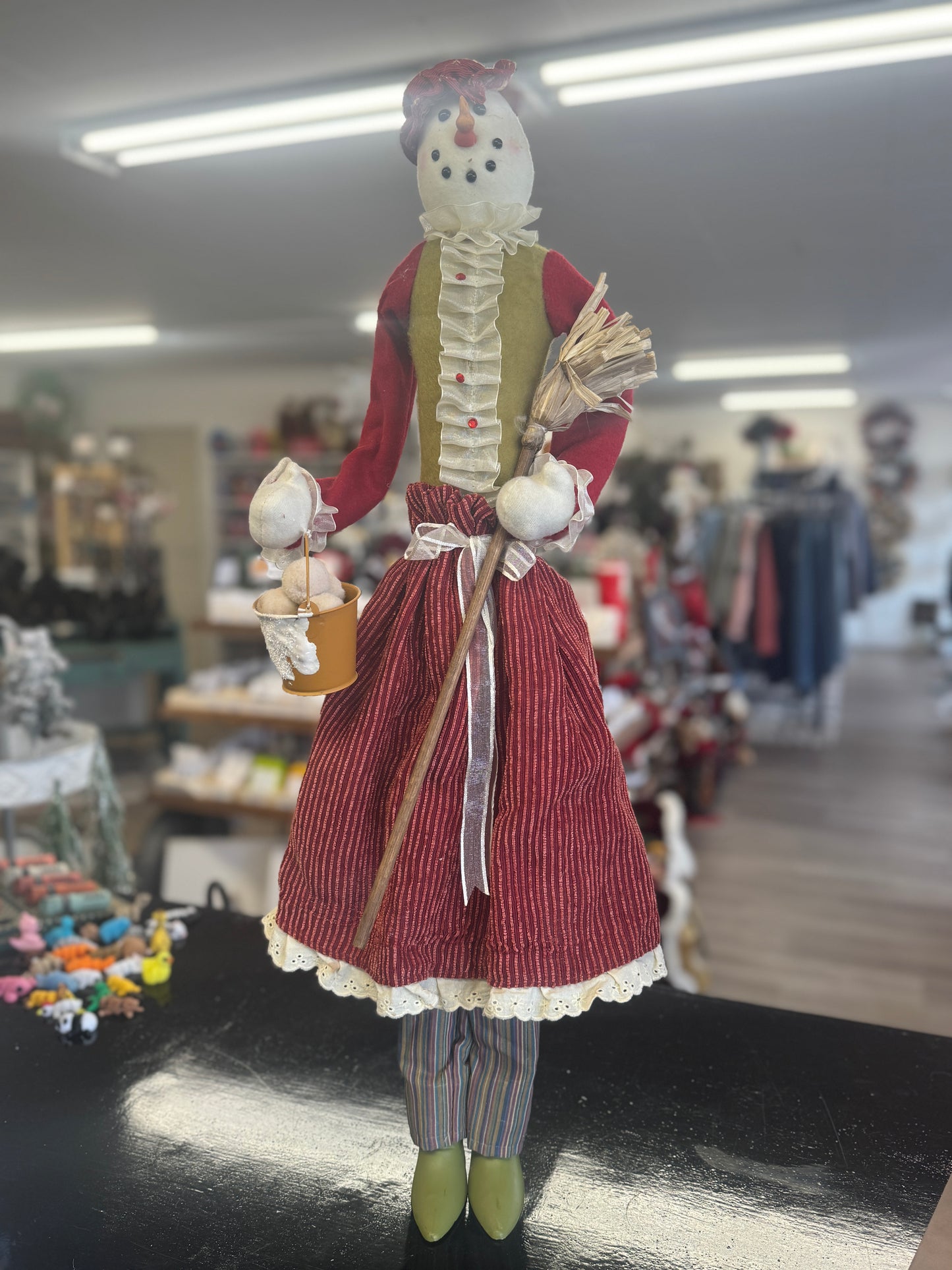 Primitive Standing Cloth Snowman with Striped Skirt & Broom – 28" Rustic Christmas Decor