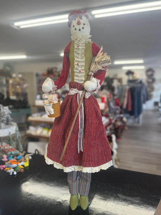 Primitive Standing Cloth Snowman with Striped Skirt & Broom – 28" Rustic Christmas Decor