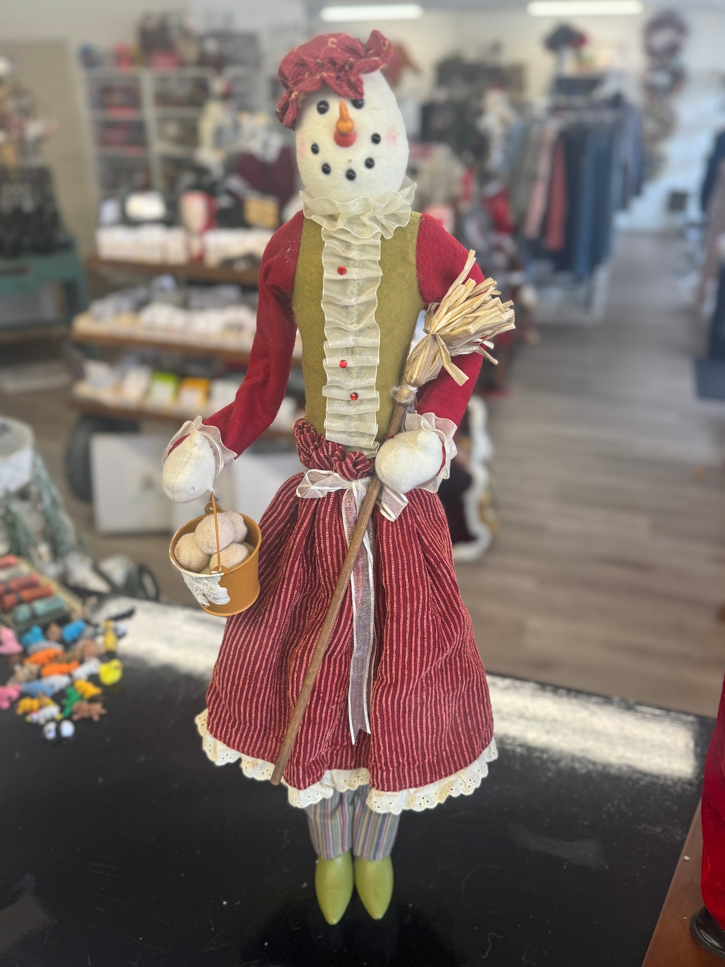 Primitive Standing Cloth Snowman with Striped Skirt & Broom – 28" Rustic Christmas Decor