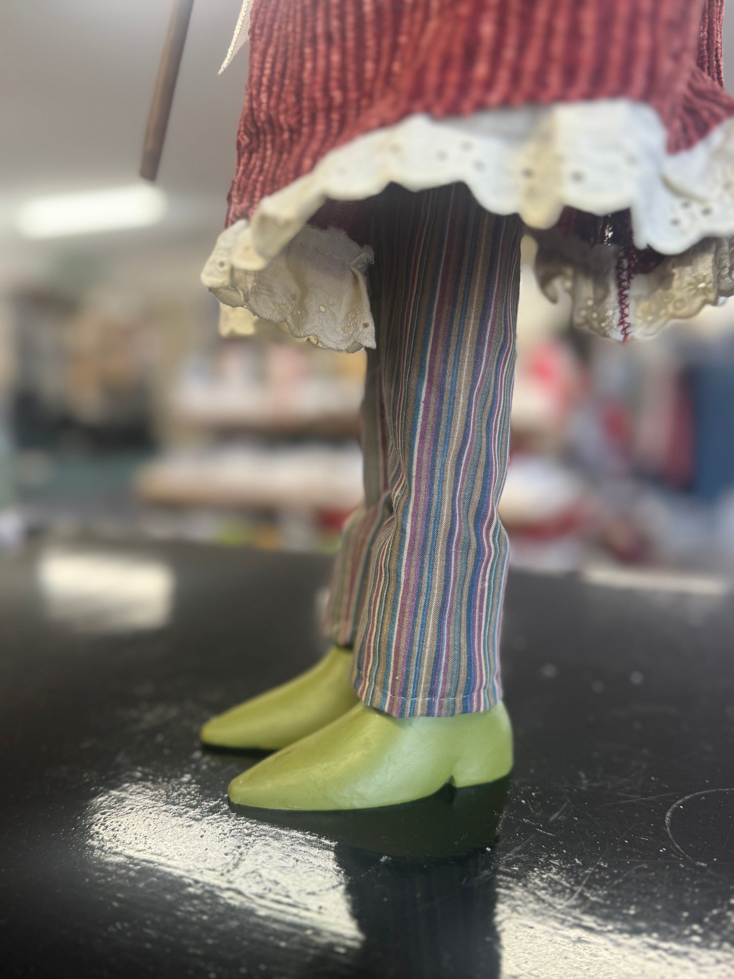 Primitive Standing Cloth Snowman with Striped Skirt & Broom – 28" Rustic Christmas Decor