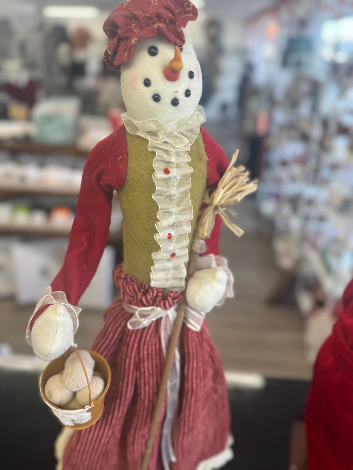 Primitive Standing Cloth Snowman with Striped Skirt & Broom – 28" Rustic Christmas Decor