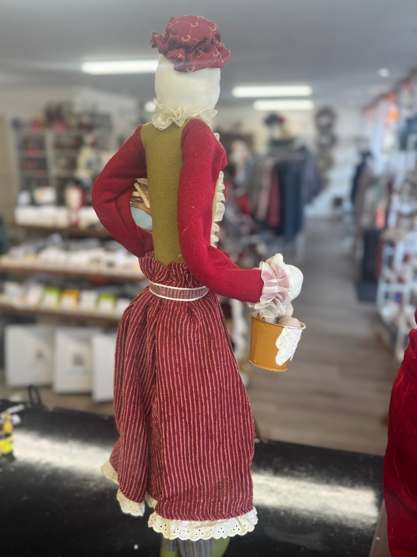 Primitive Standing Cloth Snowman with Striped Skirt & Broom – 28" Rustic Christmas Decor