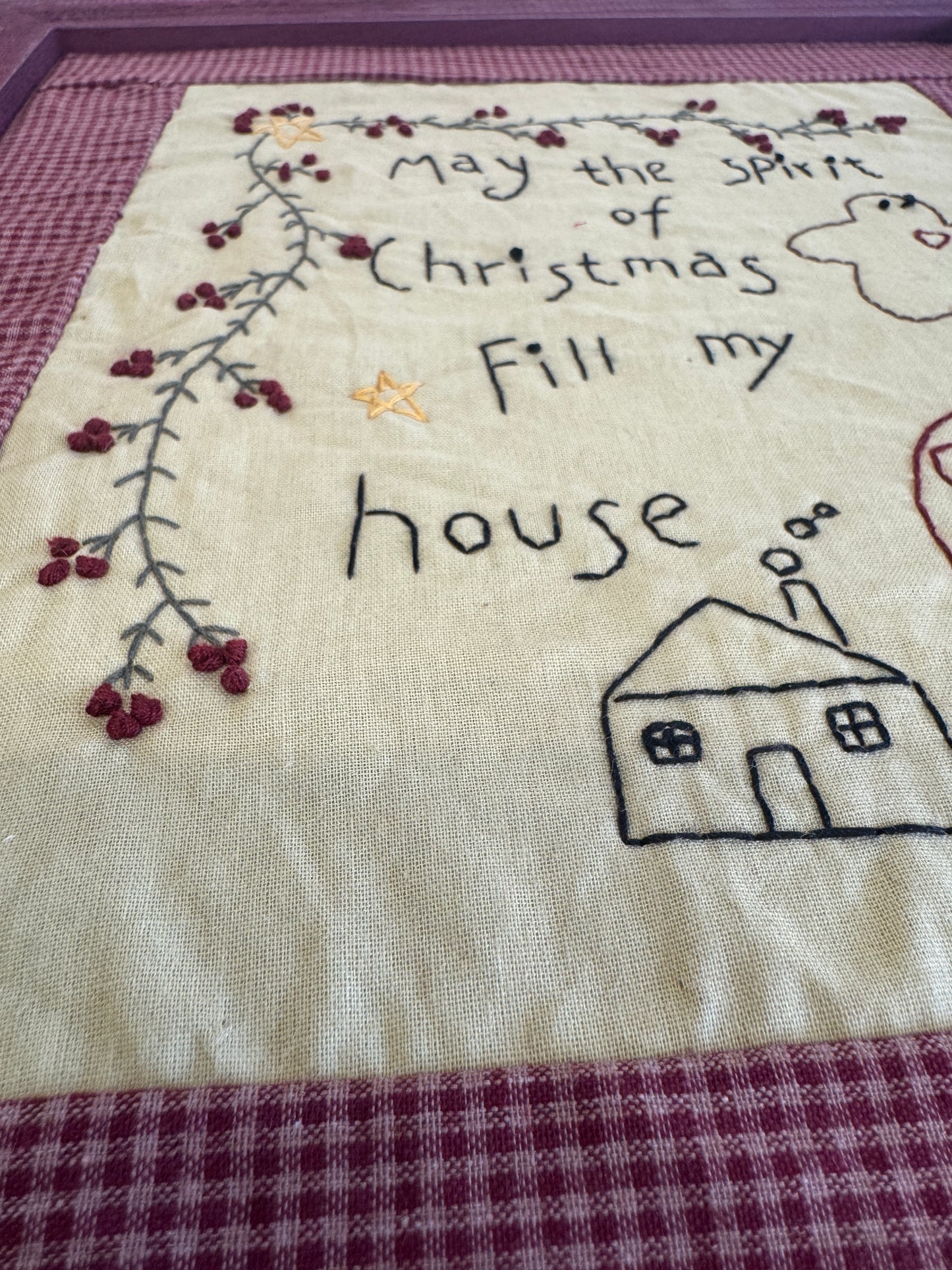 Framed Cross-Stitch “May the Spirit of Christmas Fill My House” – Rustic Country Decor 16x14"