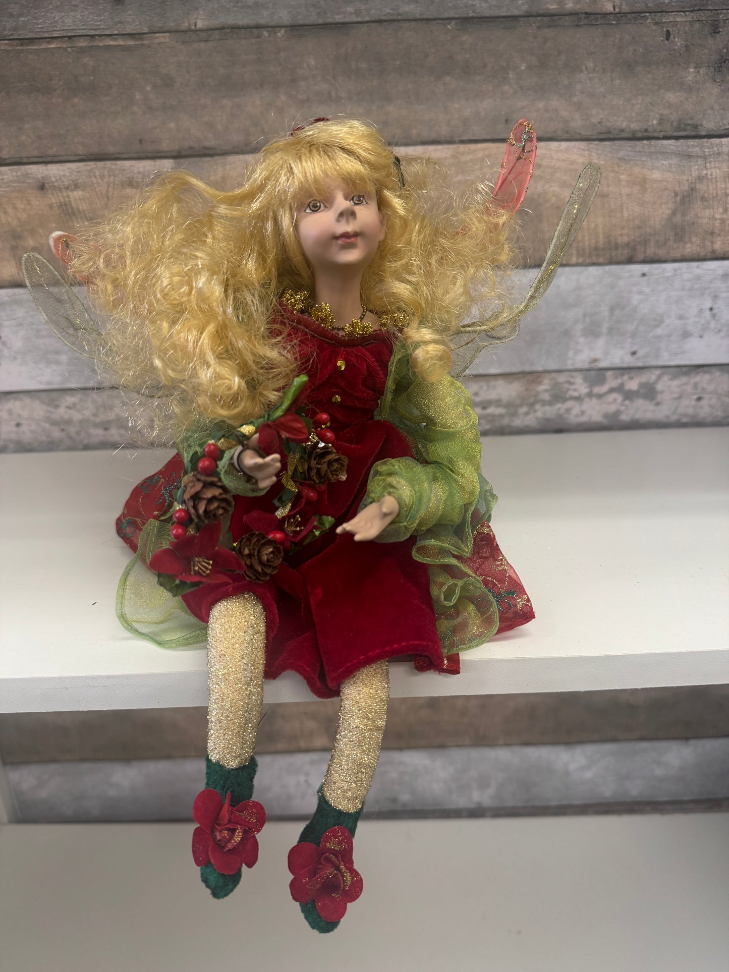 Windward Holidays Fairy – Blonde in Red Dress Holding Christmas Wreath 13"