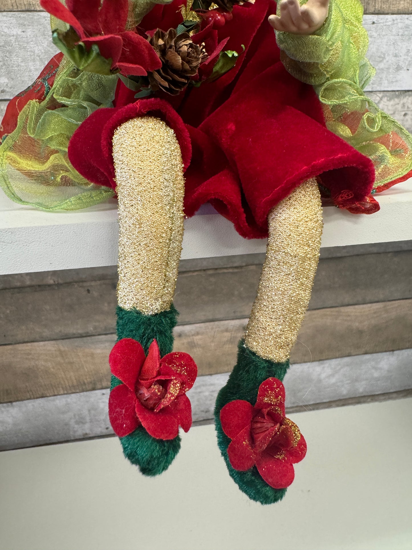 Windward Holidays Fairy – Blonde in Red Dress Holding Christmas Wreath 13"