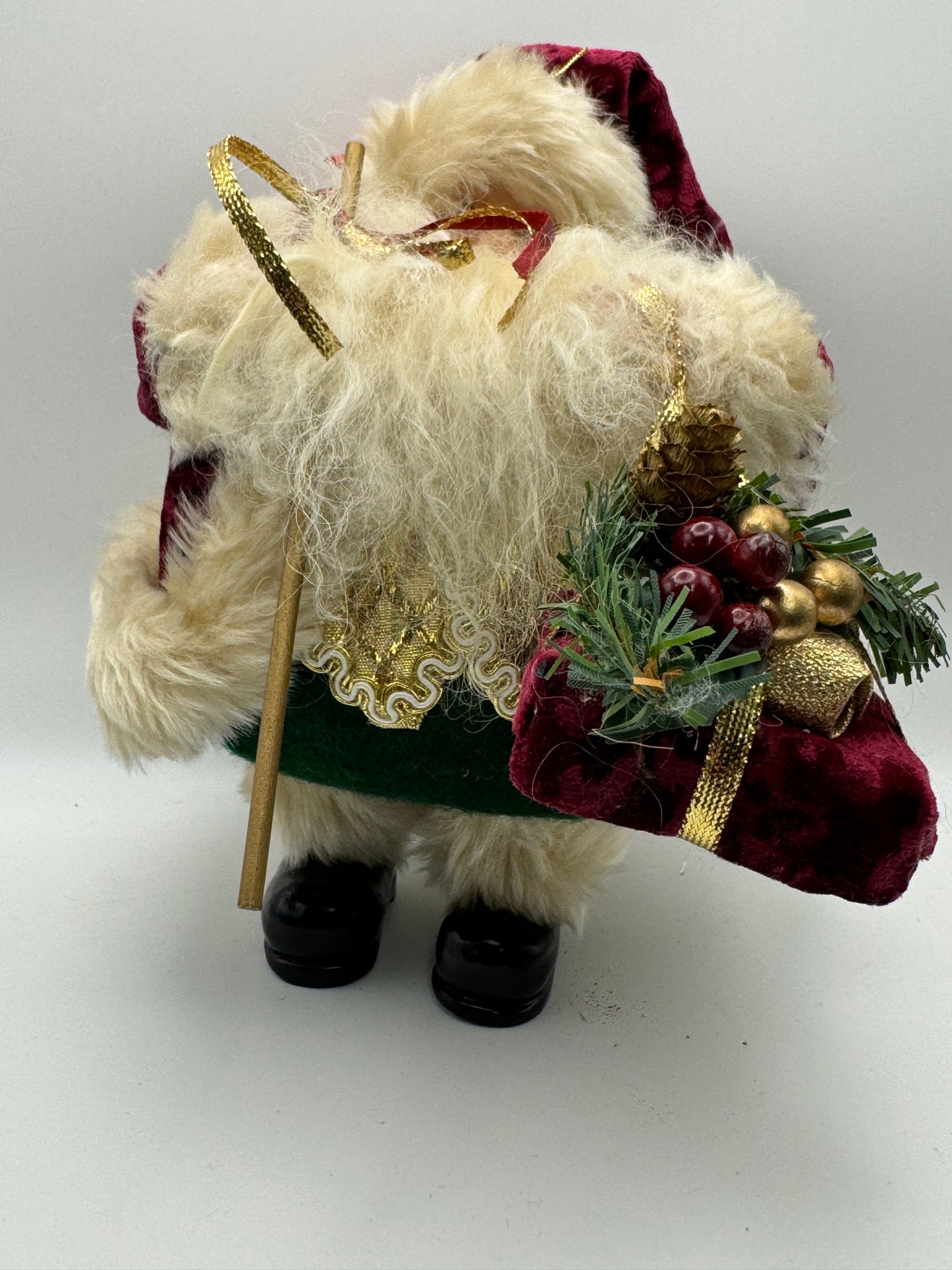 Old-World Santa Figurine with Velvet Hat & Gift Bag – 8" Christmas Decor