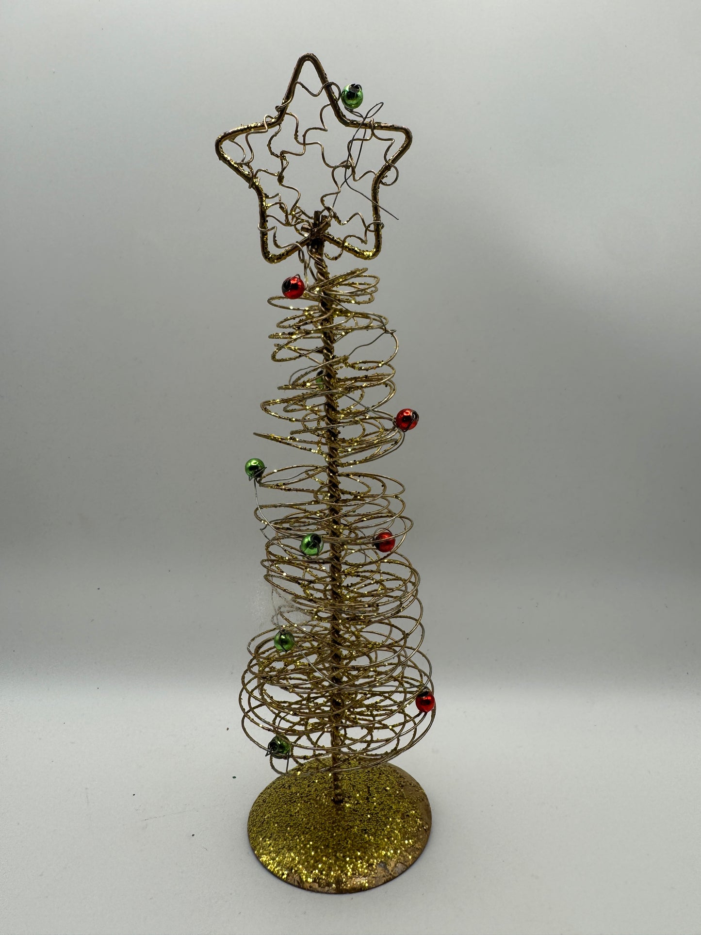 Gold Spiral Wire Christmas Tree with Red & Green Ornaments – 9" Holiday Decor